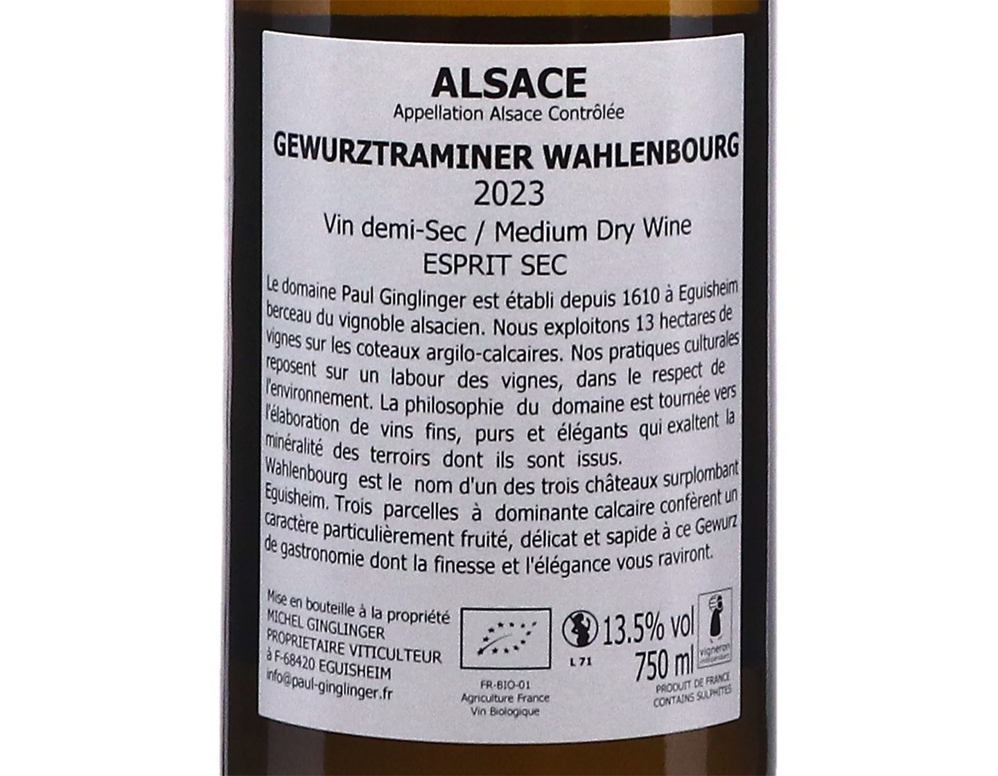 Gewurztraminer Wahlenbourg Domaine Ginglinger 2023 ORGANIC