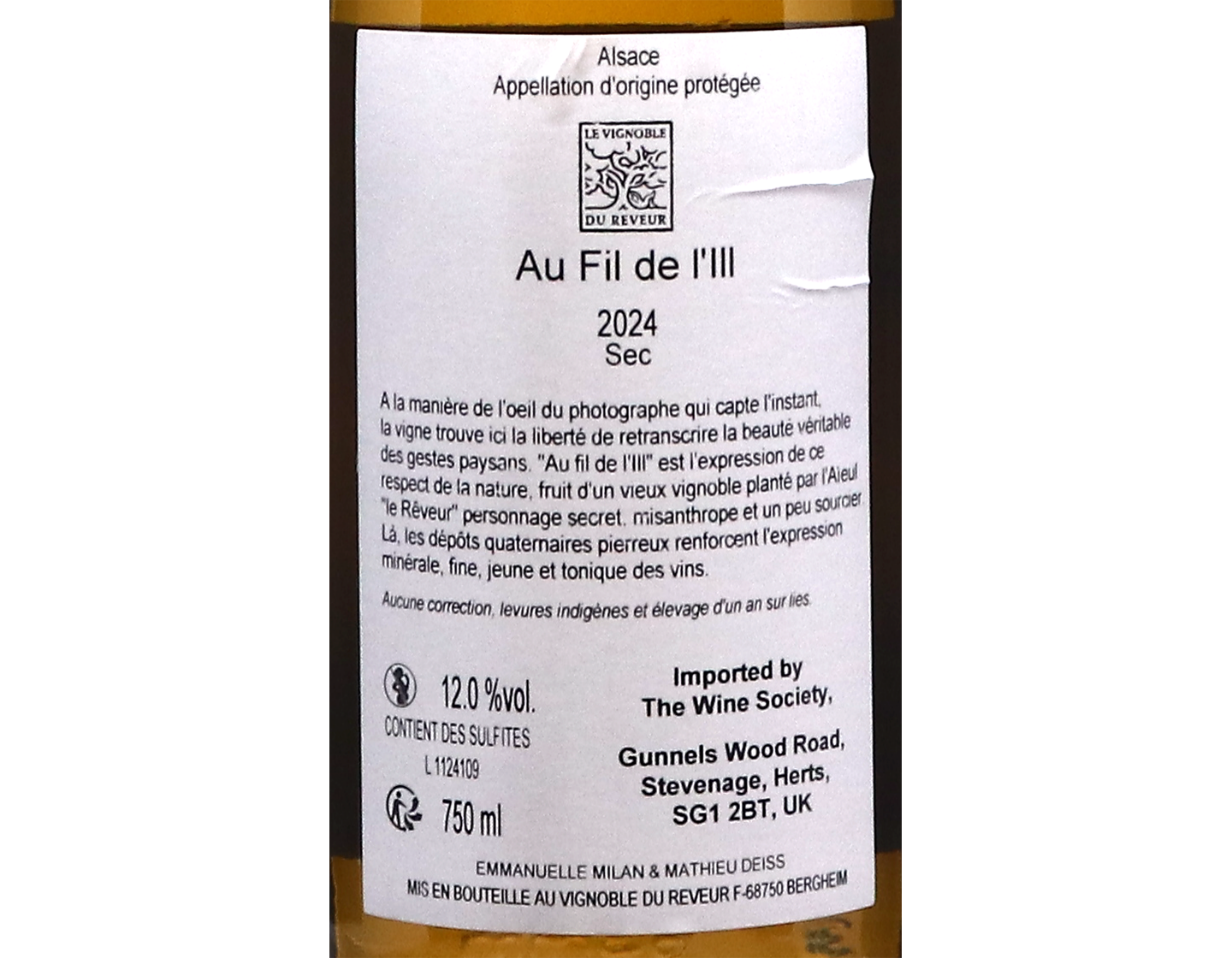 Au Fil de L'ILL Vignoble du Reveur 2024 ORGANIC