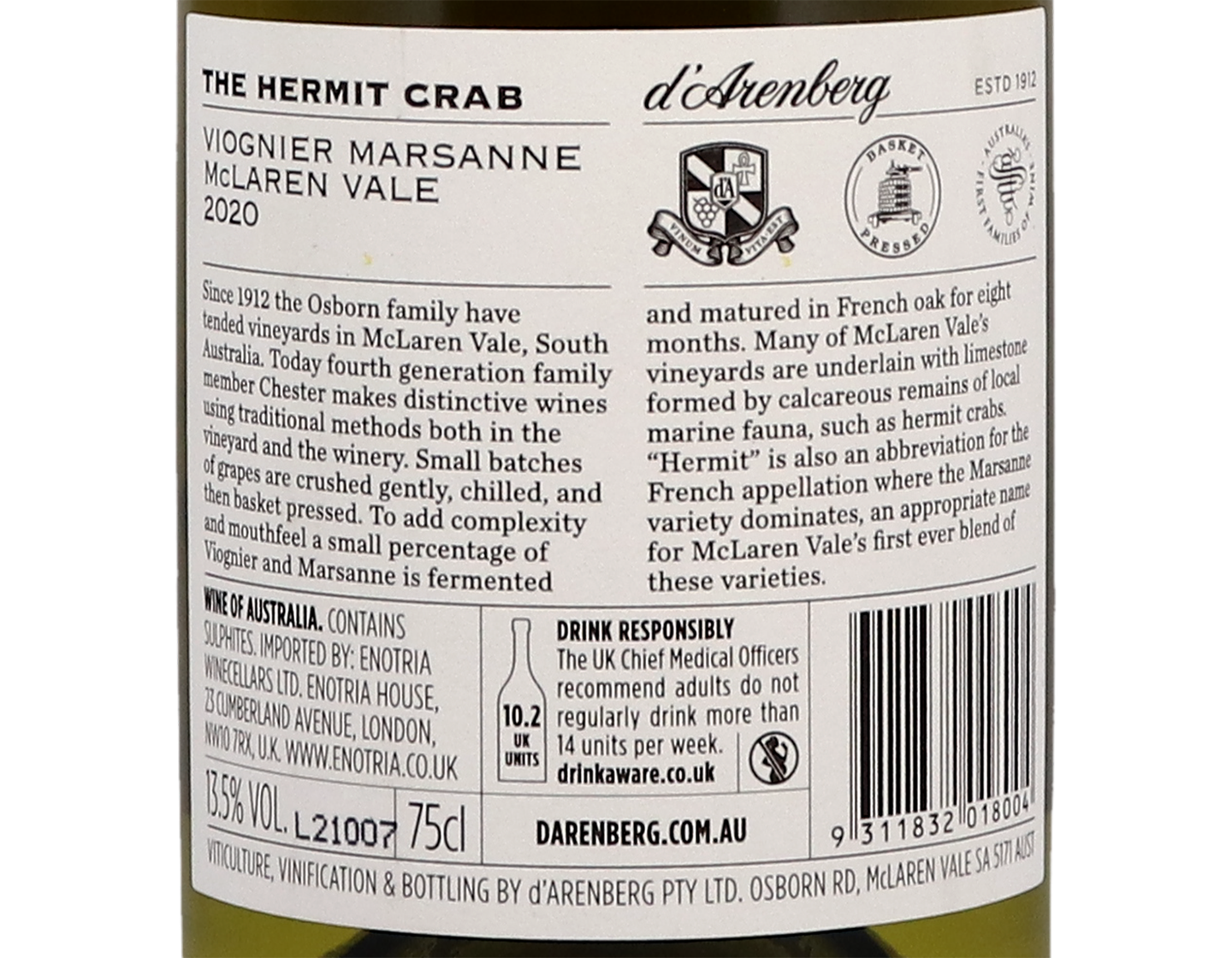 d'Arenberg 'The Hermit Crab' McLaren Vale Viognier-Marsanne 2020