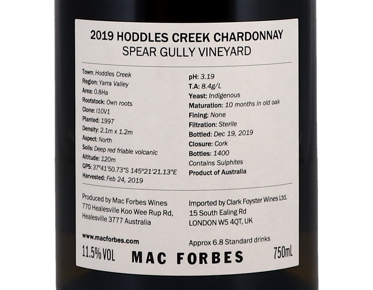 Mac Forbes Hoddles Creek Speargully Yarra Valley Chardonnay 2019