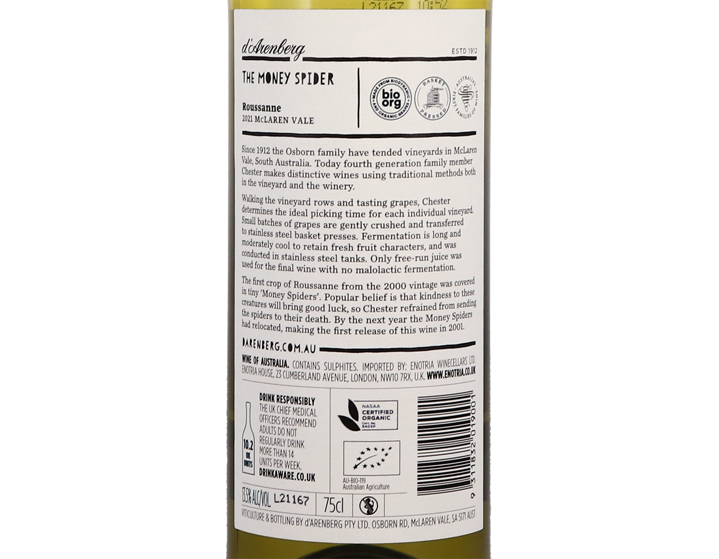 dArenberg Money Spider McLaren Vale Roussanne 2021 ORGANIC