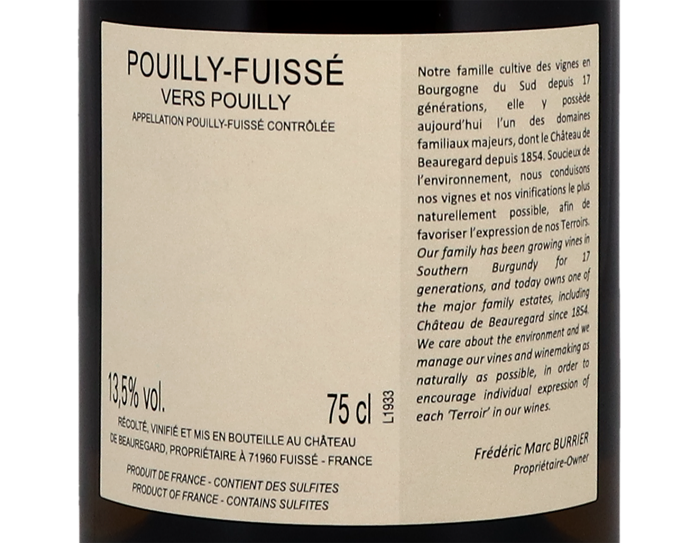 Ch de Beauregard Pouilly Fuisse Vers Pouilly 2019