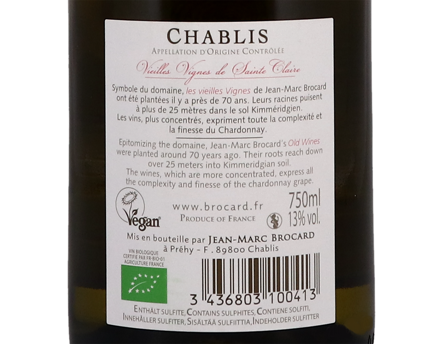 J M Brocard Vignobles Sainte Claire Chablis Vieilles Vignes 2020 ORGANIC