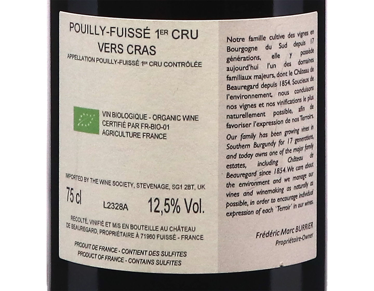 Chateau de Beauregard Pouilly Fuisse Premier cru Vers Cras 2023 ORGANIC