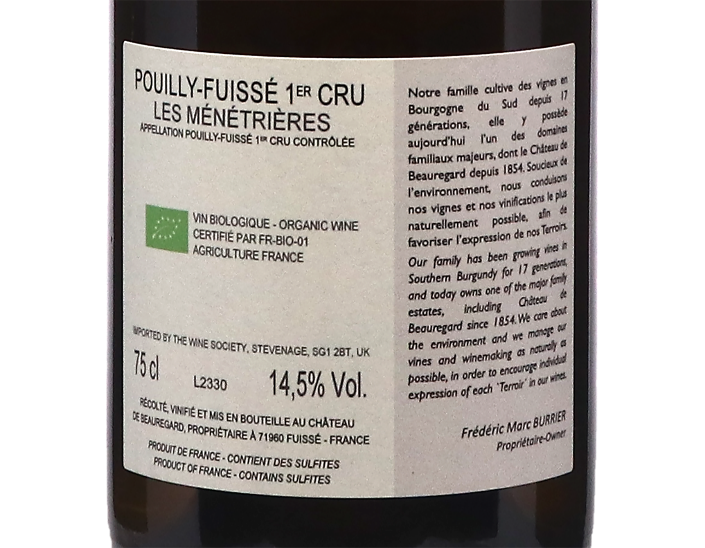 Chateau de Beauregard Pouilly Fuisse Les Menetrieres 2023