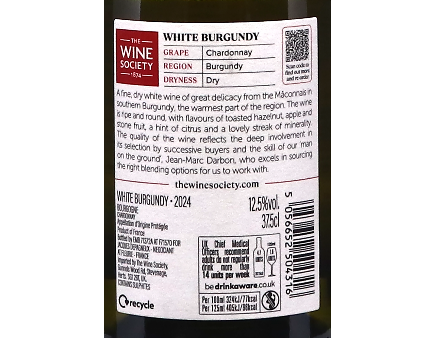 Half bottle of The Society's White Burgundy 2024