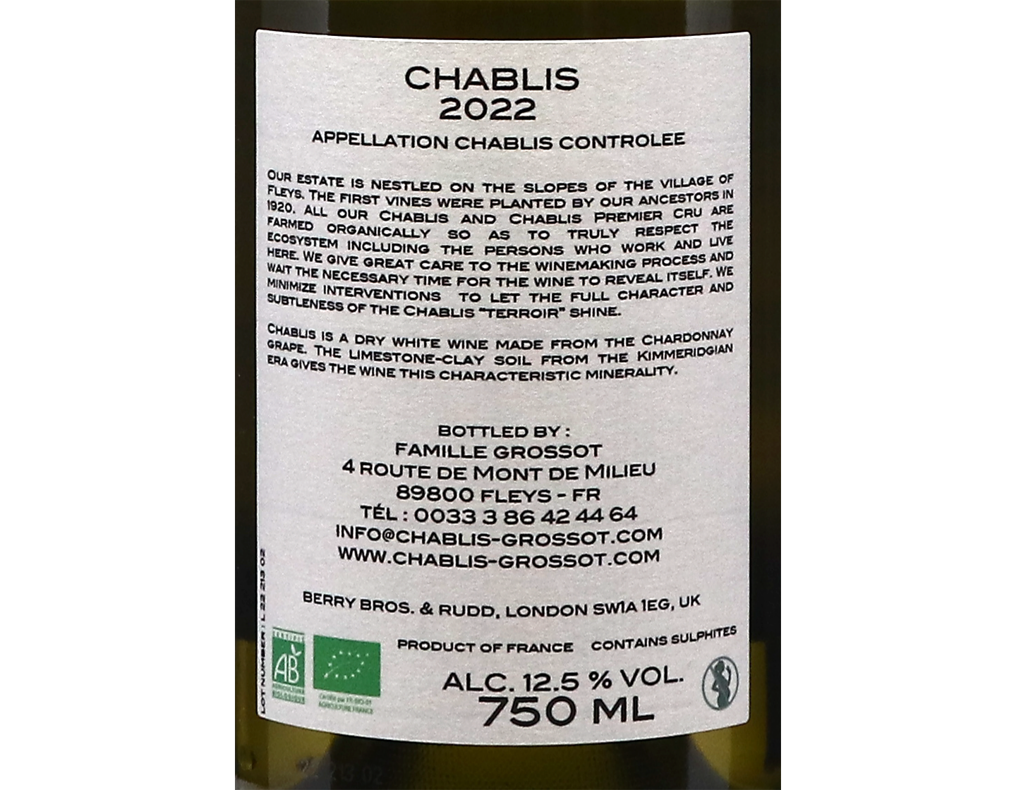 Famille Grossot Chablis 2022 ORGANIC