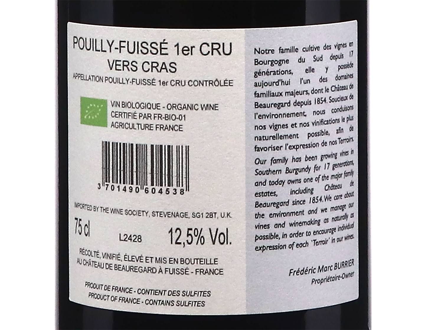 Chateau de Beauregard Pouilly Fuisse Premier Cru Vers Cras 2024 ORGANIC