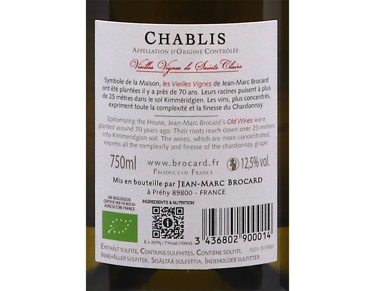 Jean-Marc Brocard, Chablis Vignobles Sainte Claire Vieilles Vignes 2024