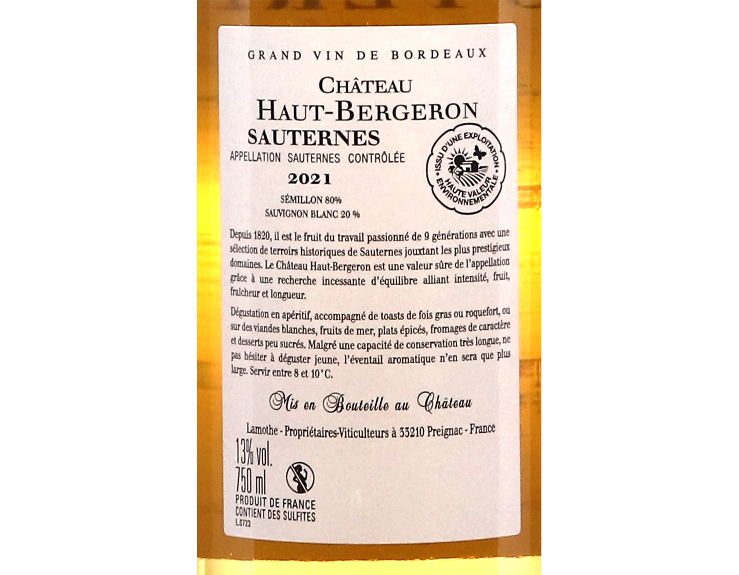 Chateau Haut Bergeron Sauternes 2021