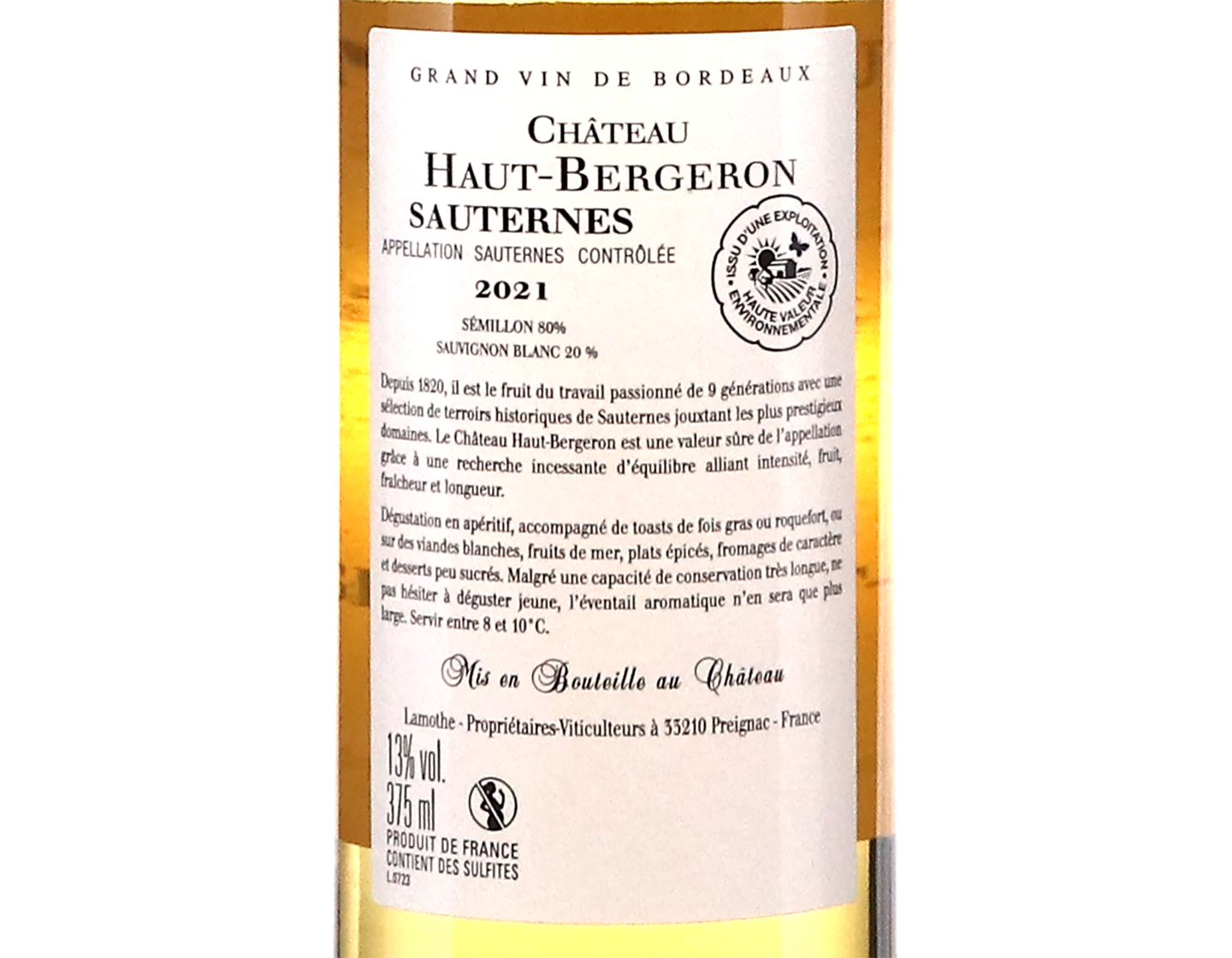 Chateau Haut Bergeron Sauternes 2021 Halves