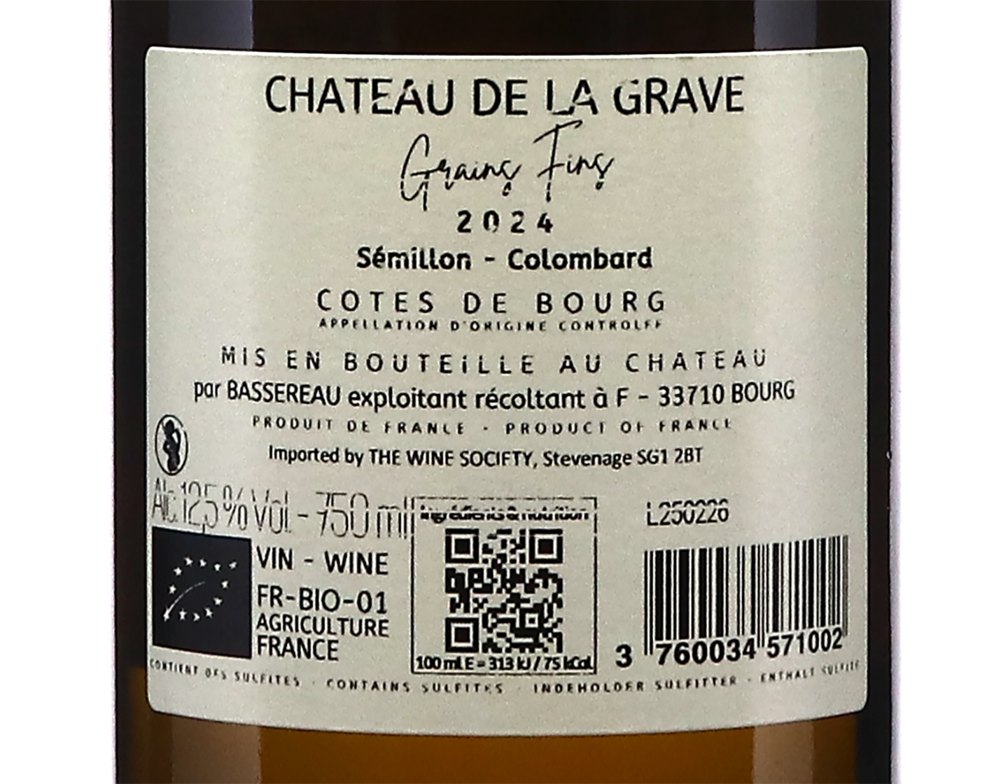 Ch de la Grave Blanc Grains Fins Cotes de Bourg 2024 Organic