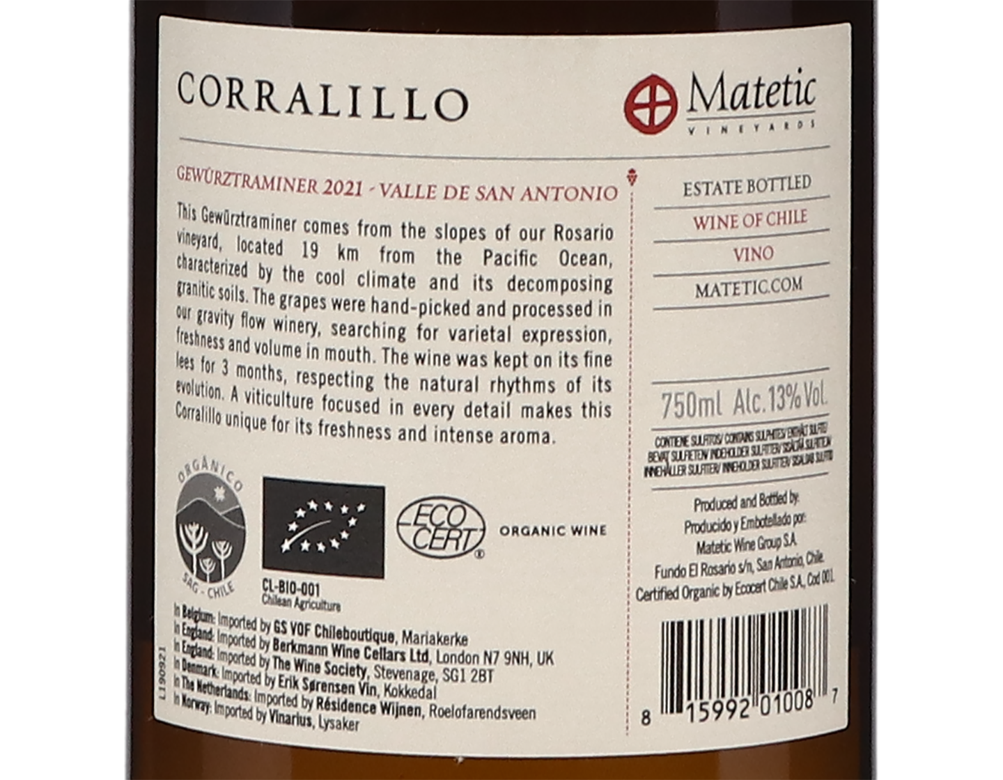 Matetic Corralillo San Antonio Gewurztraminer 2021 ORGANIC