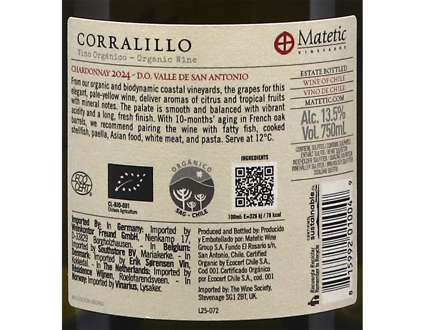 Matetic Corallilo Rosario San Antonio DO Chardonnay 2024 ORGANIC