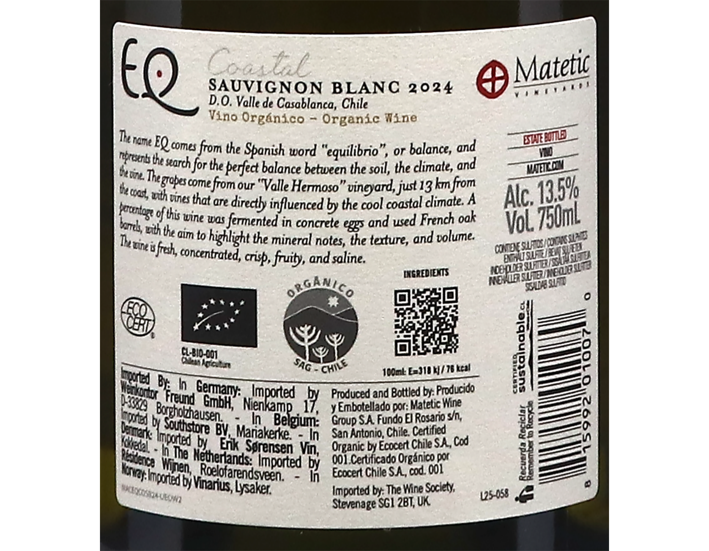 Matetic EQ Coastal Valle Hermoso DO Casablanca Sauvignon Blanc 2024 ORGANIC