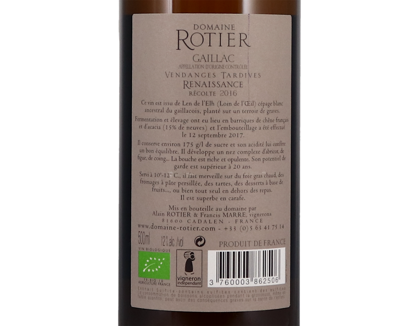 Gaillac Vendanges Tardive Renaissance, Domaine Rotier 2016 50cl