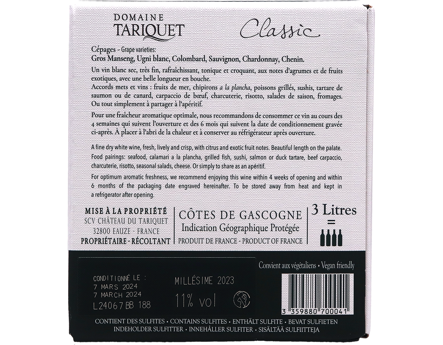 Cotes de Gascogne Tariquet Classic 2023 Bag in Box 3 Litre