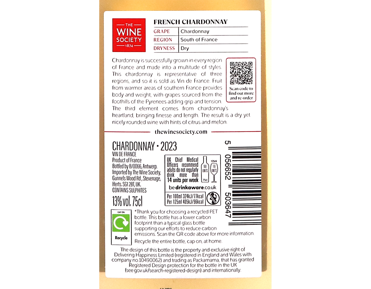 The Society's French Chardonnay 2023 rPET bottle