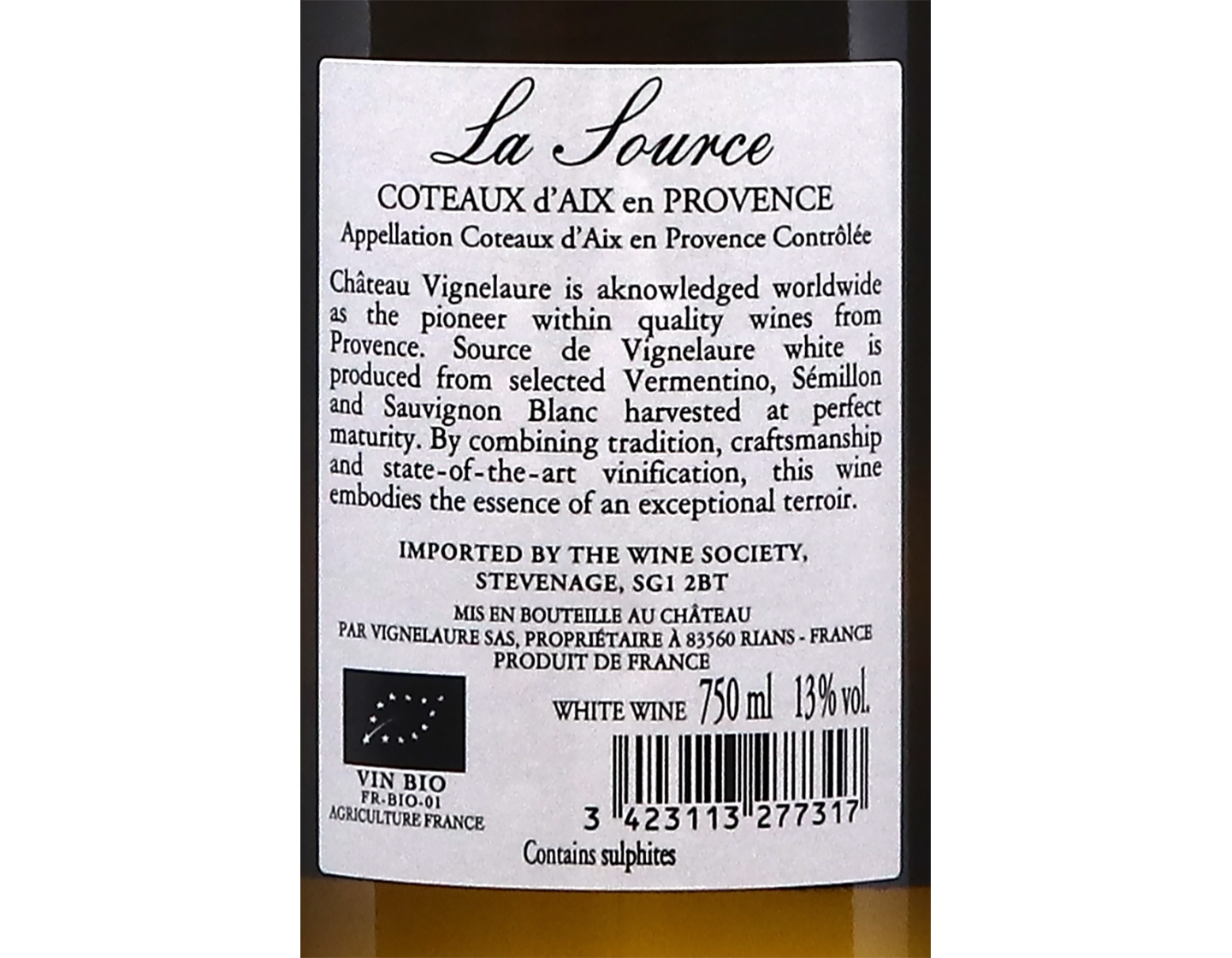 Coteaux d Aix en Provence La Source Blanc Chateau Vignelaure 2025 ORGANIC