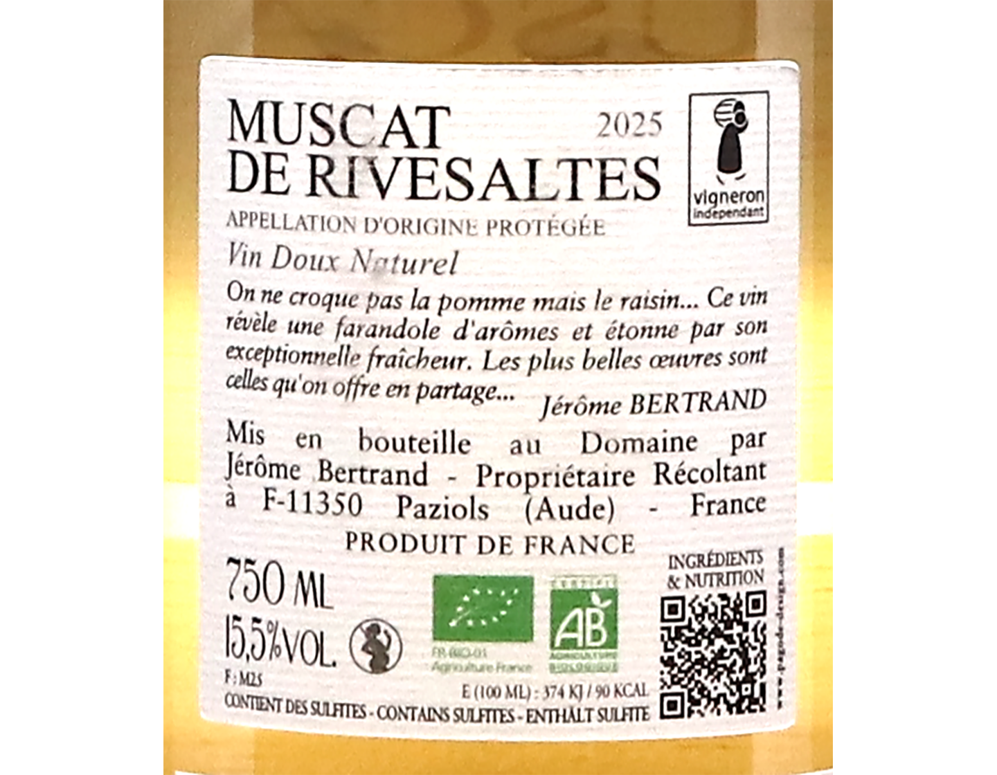 Muscat de Rivesaltes Domaine Bertrand Berge 2025 ORGANIC