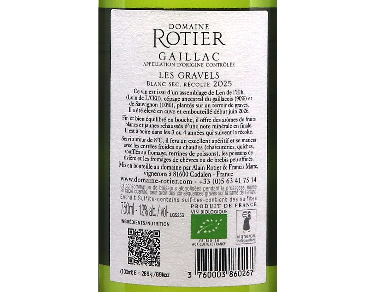 Gaillac Blanc Sec Les Gravels Domaine Rotier 2025 ORGANIC