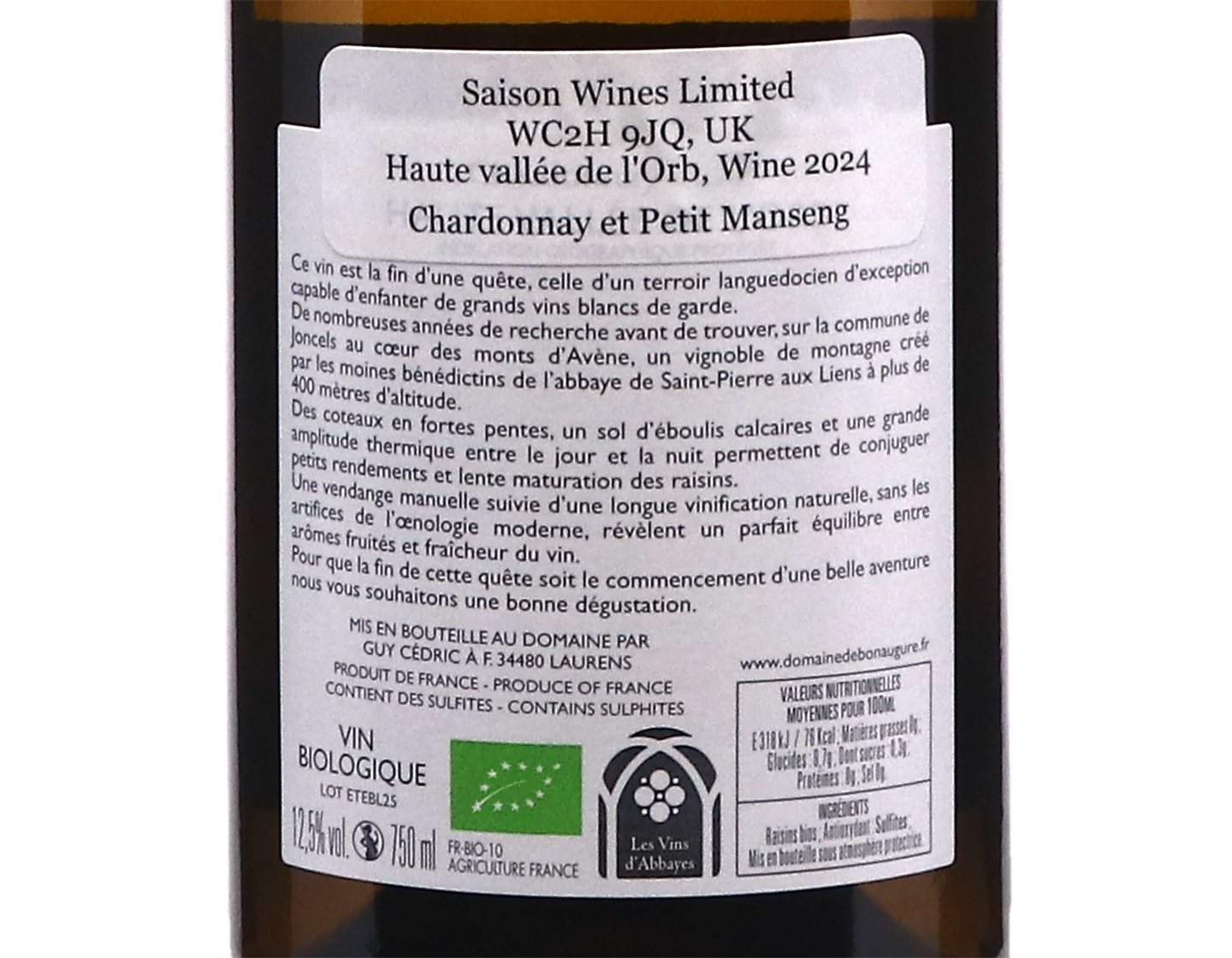 Dom Bon Augure Joncs Cella Blanc Haute Vallee de lOrb 2024 ORGANIC
