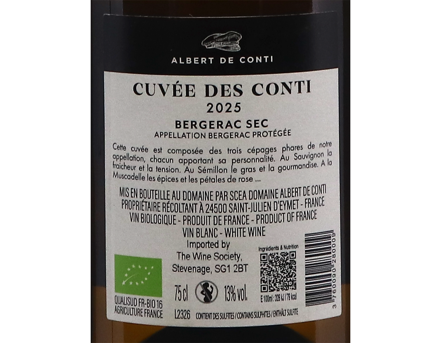 Bergerac Blanc La Cuvee des Conti Domaine Albert de Conti 2025 ORGANIC