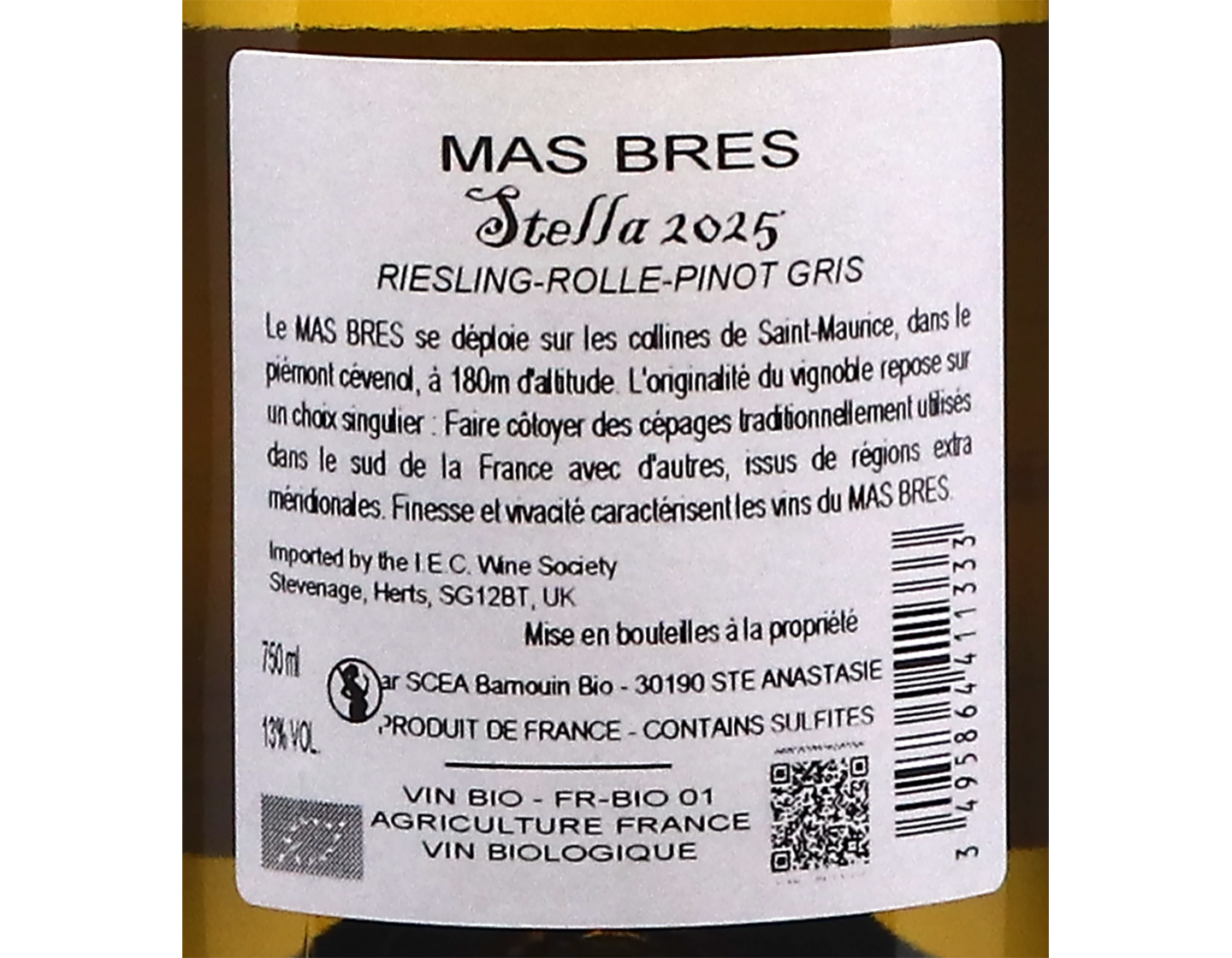 Mas Bres Stella Blanc Cevennes 2025 ORGANIC