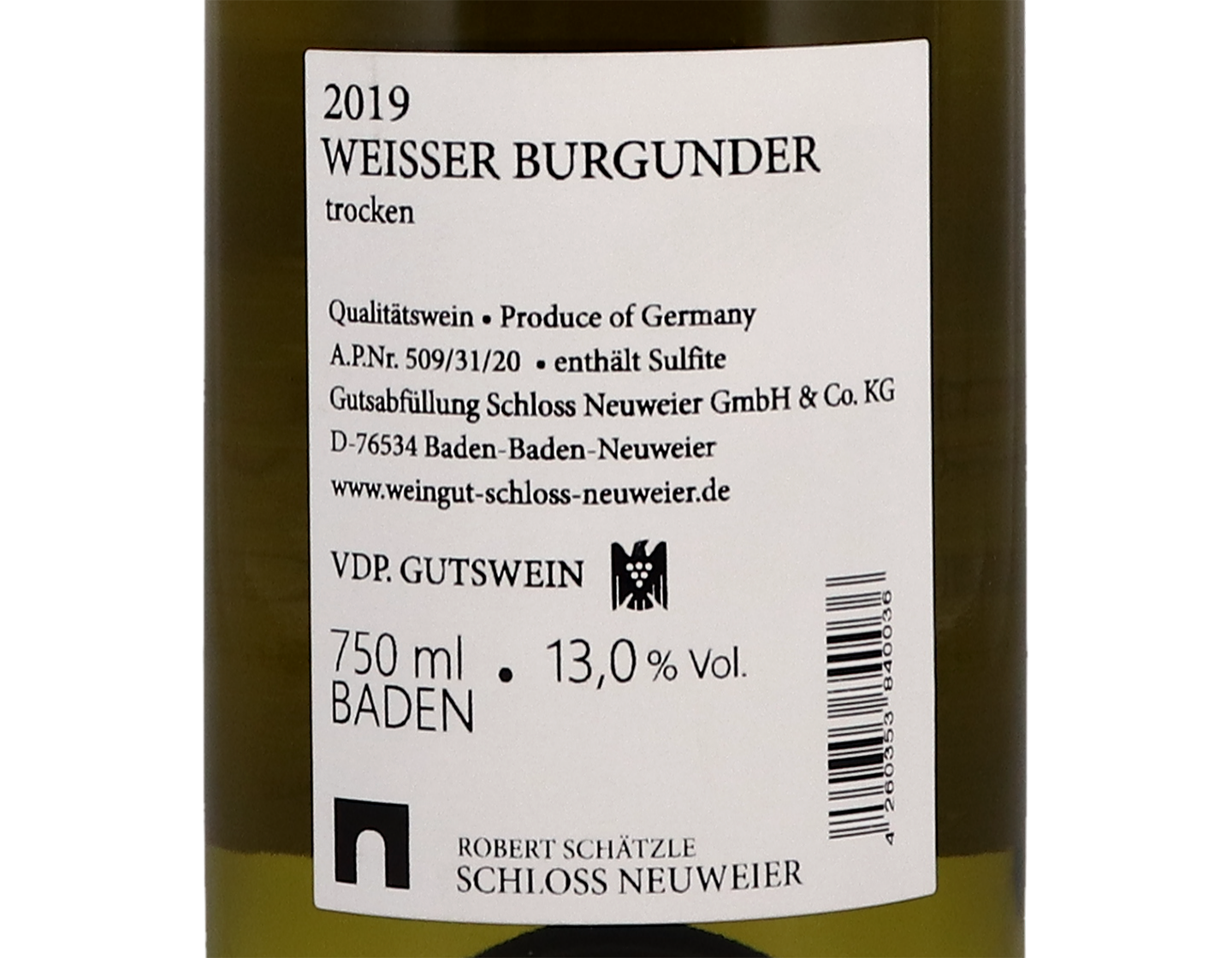 Weisser Burgunder, Schloss Neuweier 2019