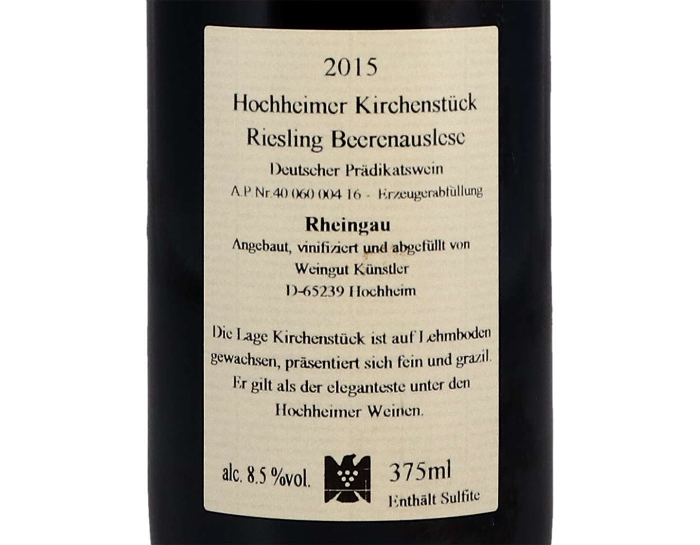 Half bottle of Hochheimer Kirchenstuck, Riesling Beerenauslese, Künstler 2015