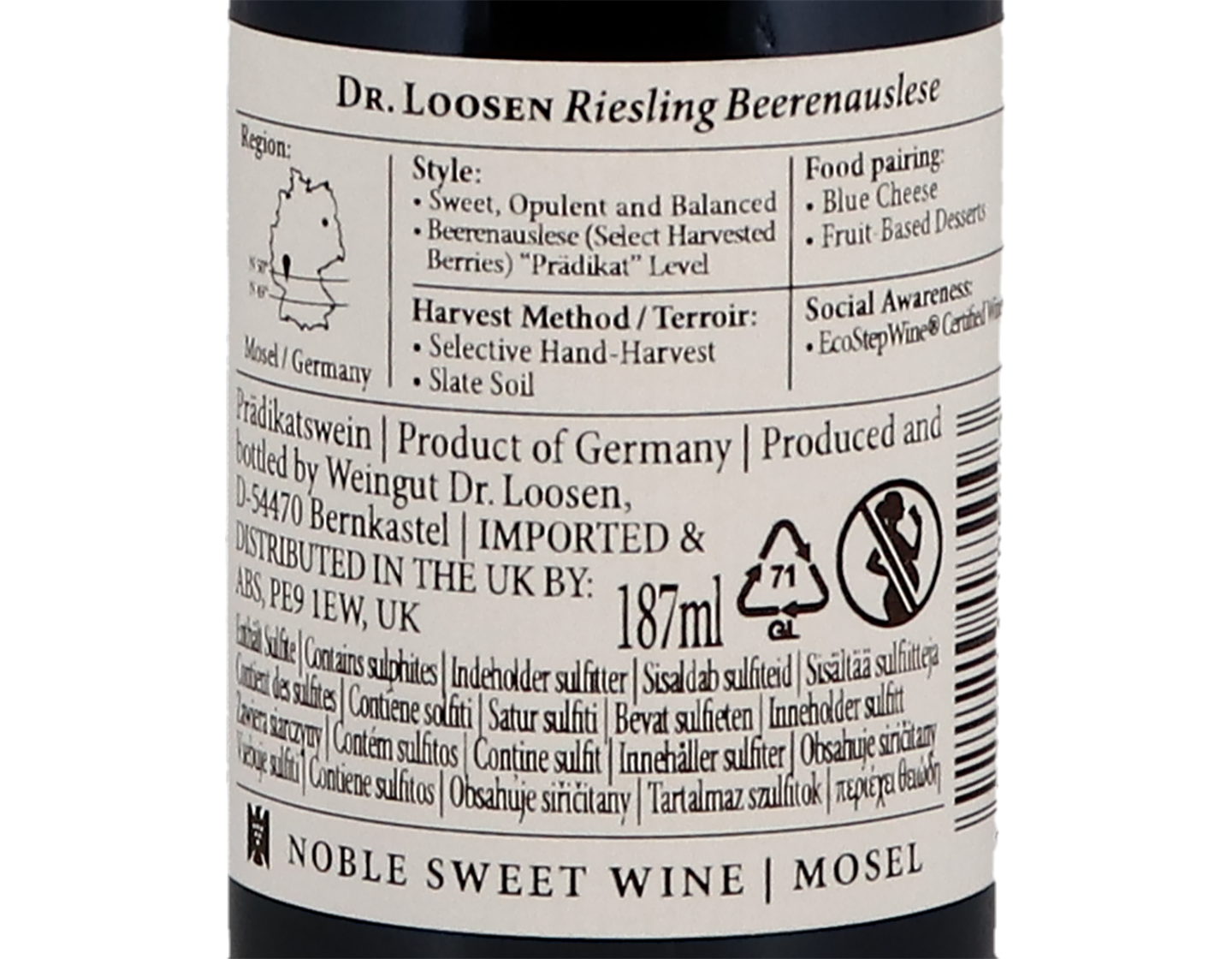 Quarter bottle of Dr Loosen Riesling Beerenauslese 2018 187ml