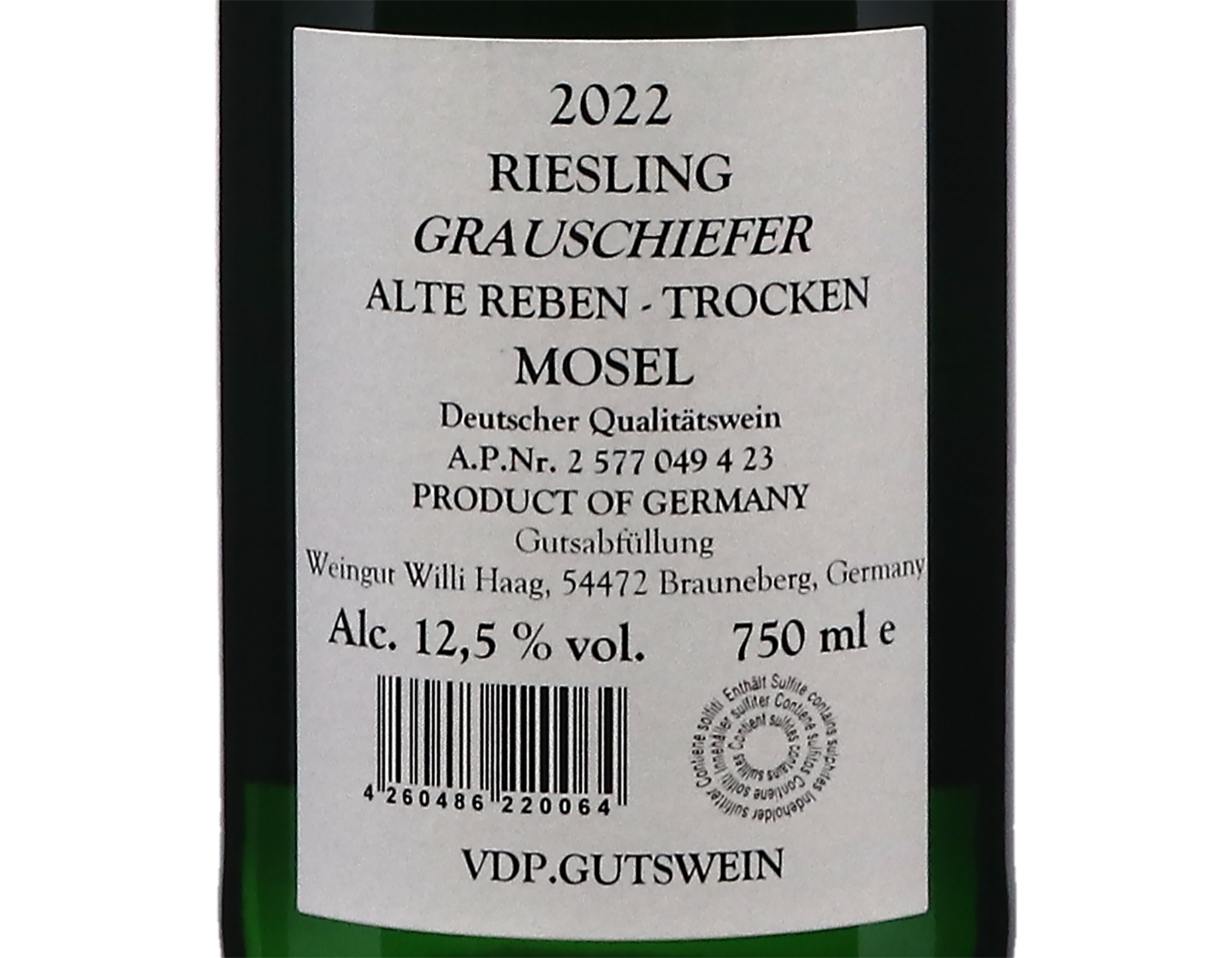 Grauschiefer Riesling Trocken Alte Reben Willi Haag 2022
