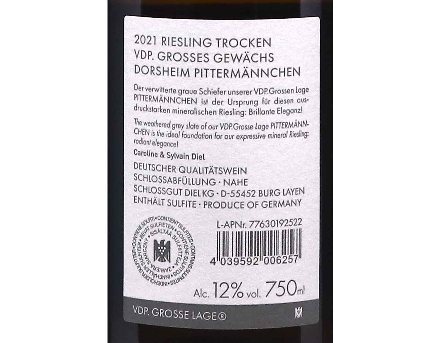 Pittermannchen Riesling Trocken GG Schlossgut Diel 2021