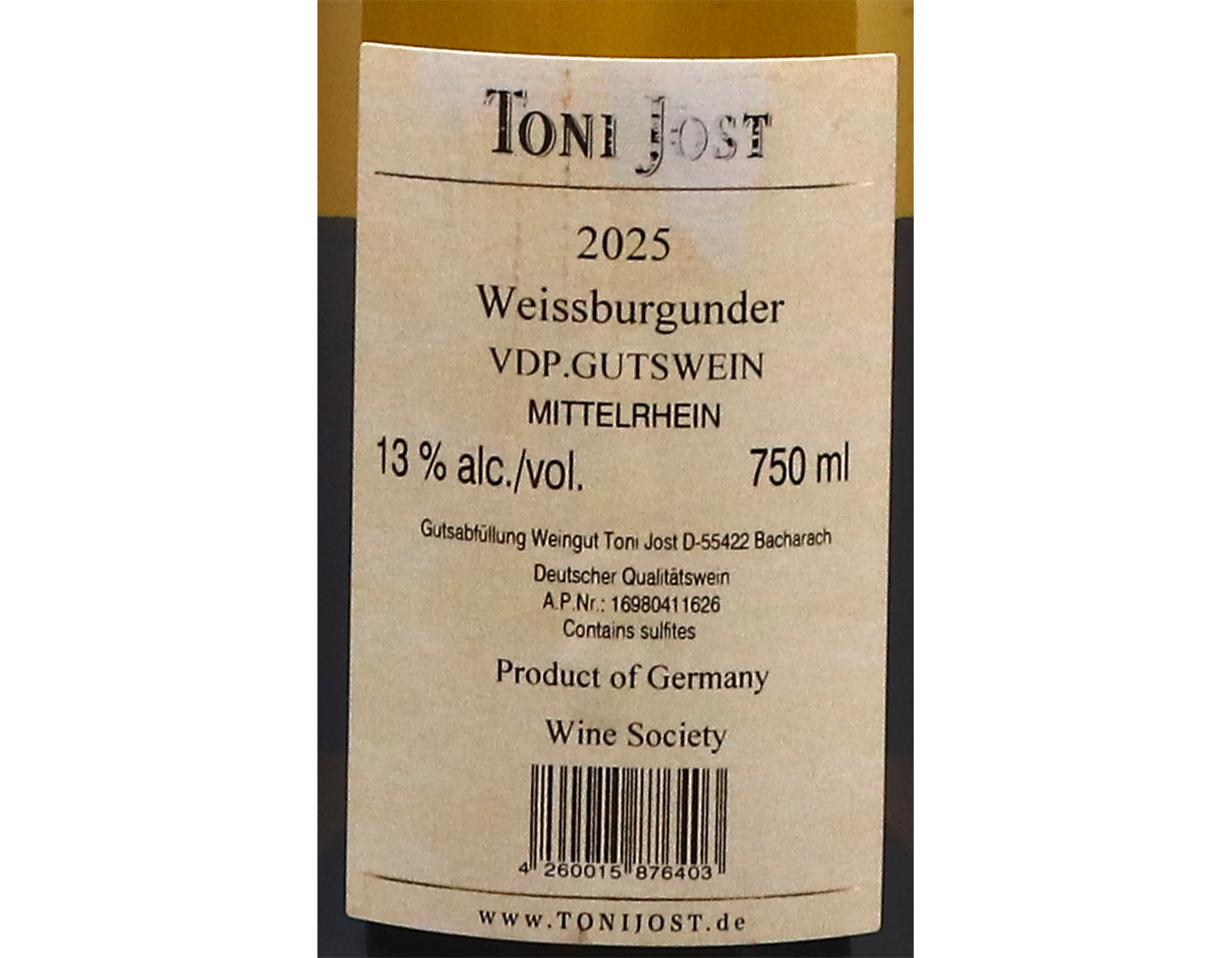Weissburgunder Mittelrhein Toni Jost 2025