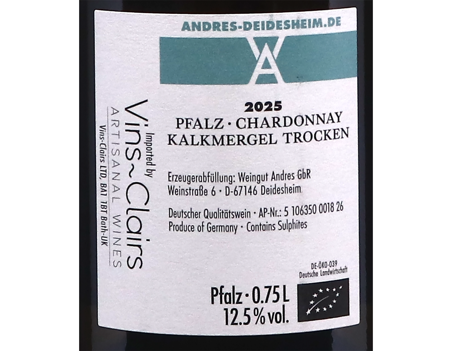Pfalz Chardonnay vom Kalkmergel trocken Weingut Andres Deidesheim 2025 ORGANIC