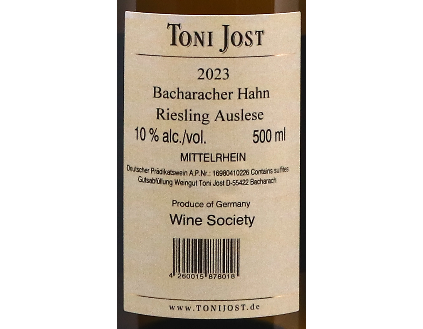 Bacharacher Hahn Riesling Auslese Gold Capsule Toni Jost 2023 50cl