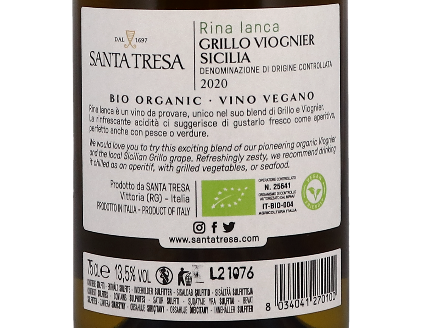 Santa Tresa Riana Ianca Sicilia Grillo Viognier 2020 ORGANIC