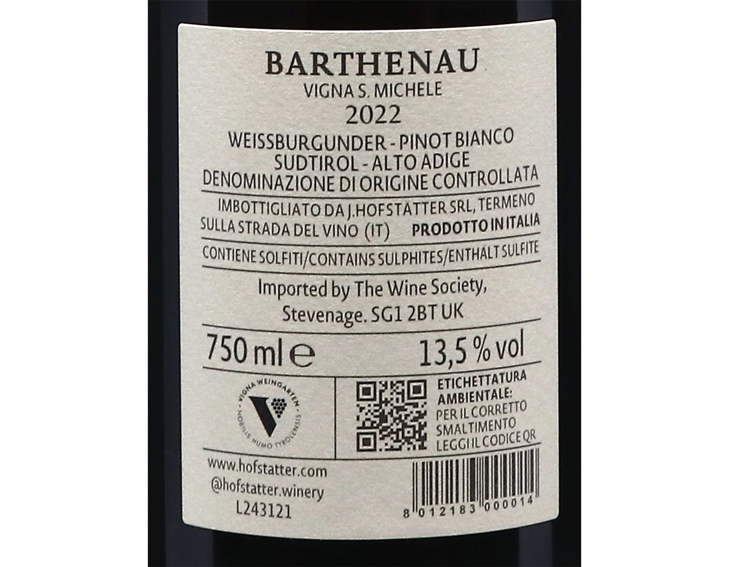 Villa Barthenau Vigna San Michele Pinot Bianco Hofstatter 2022
