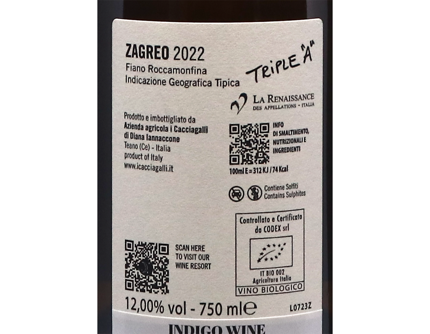 I Cacciagalli Zagreo Fiano Roccamonfina 2022 ORGANIC