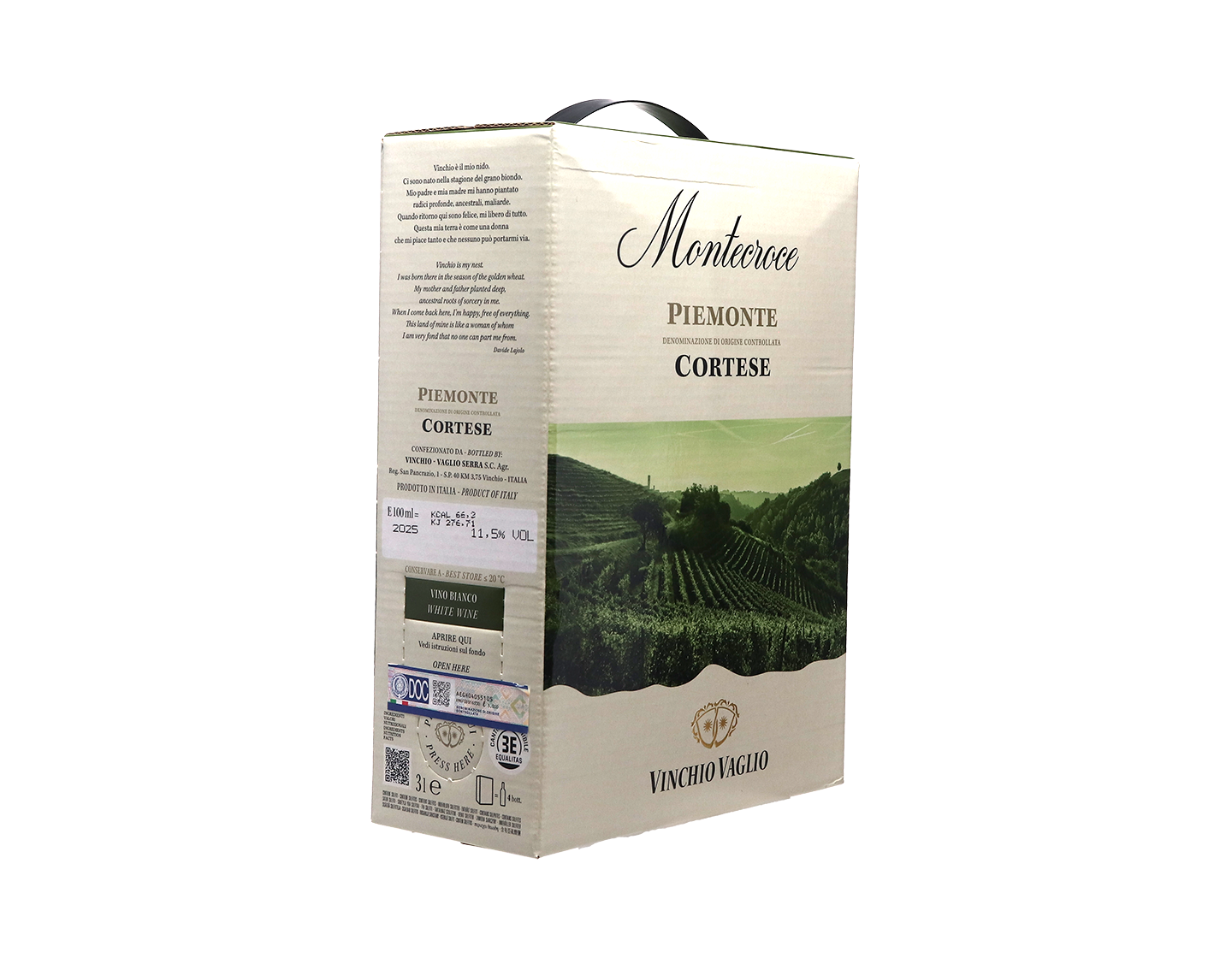 Piedmont Cortese Vinchio Vaglio Montecroce 2025 Bag in Box 3 Litre