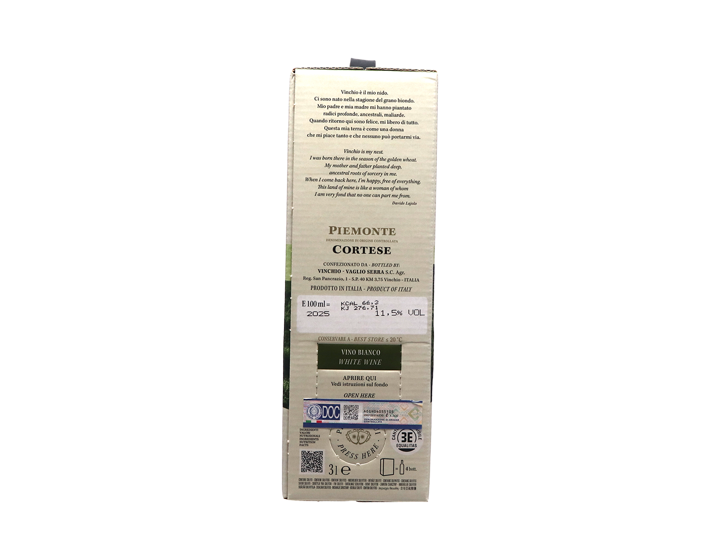 Piedmont Cortese Vinchio Vaglio Montecroce 2025 Bag in Box 3 Litre