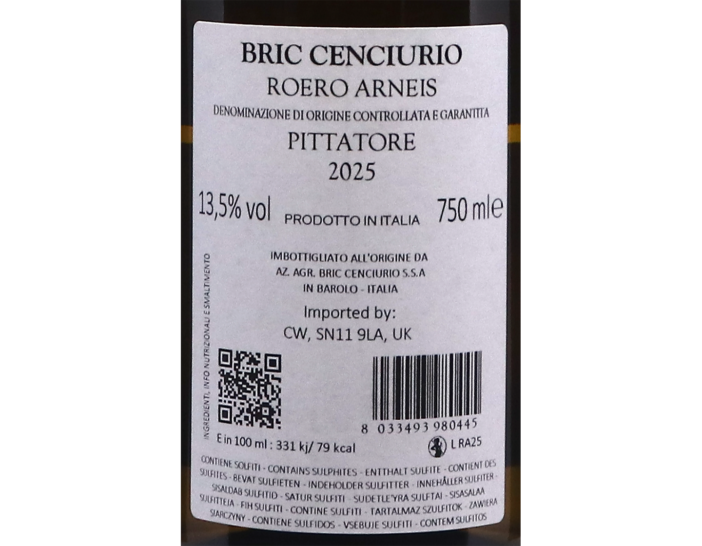 Roero Arneis Bric Ceniciurio Pittatore Sacchetto Fiorella 2025