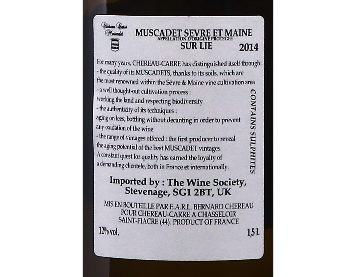 Magnum Muscadet Sevre et Maine sur Lie Comte Leloup Chateau de Chasseloir 2014