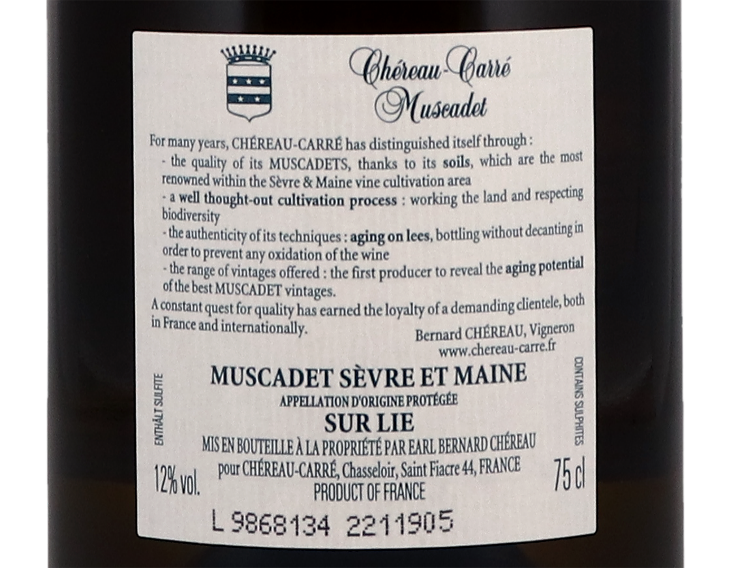 Muscadet Sèvre-et-Maine sur Lie, Château L'Oiselinière de la Ramée, Chéreau-Carré 2018