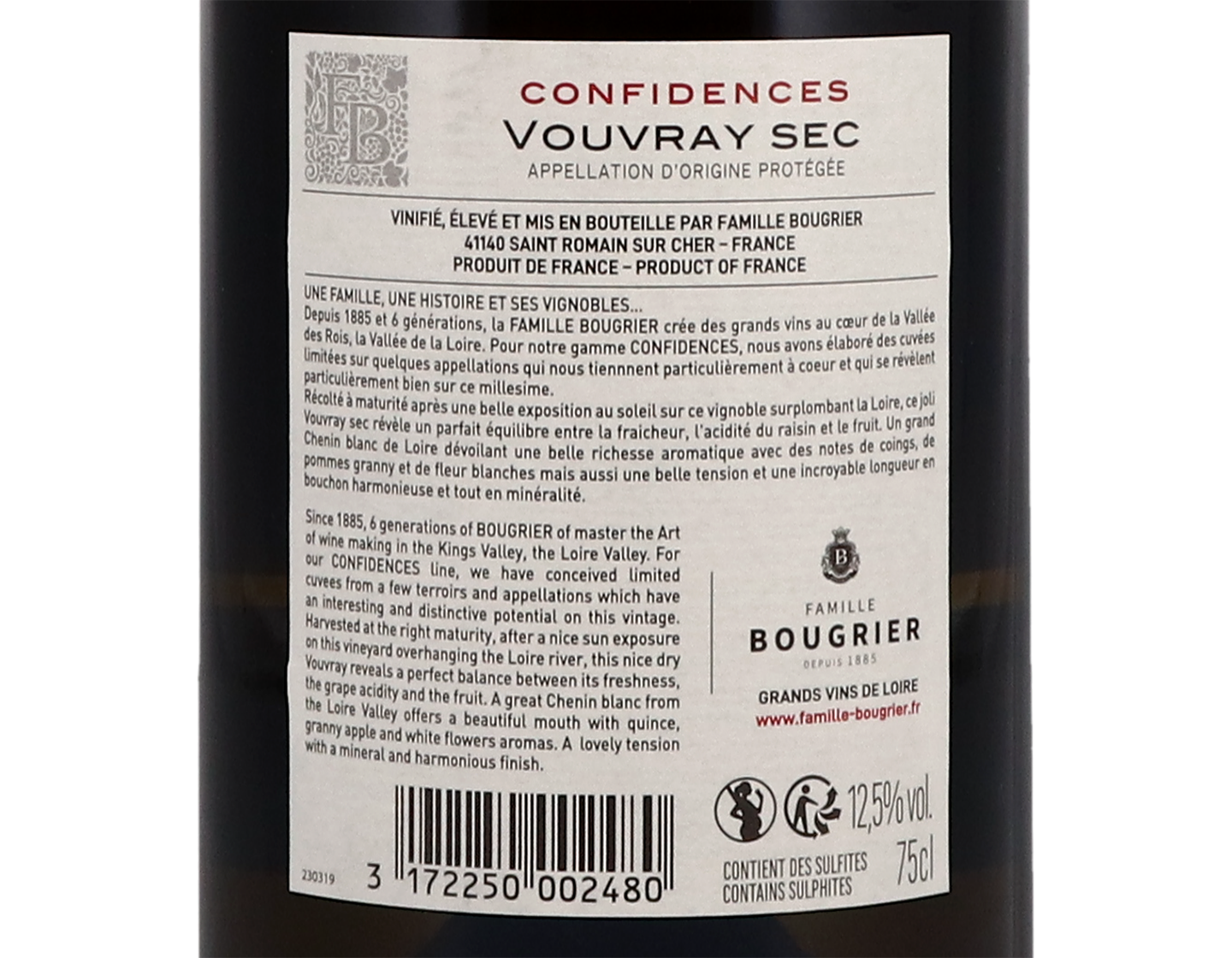 Vouvray Sec 'Confidences', Famille Bougrier 2020
