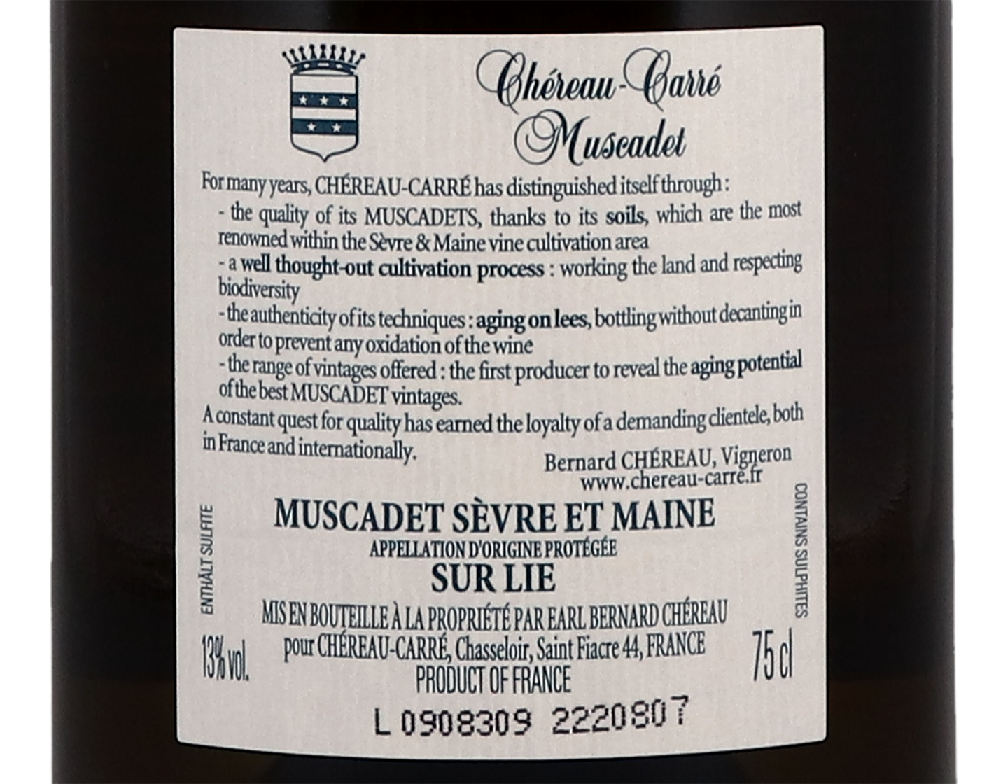 Muscadet Sèvre-et-Maine sur Lie, Château L'Oiselinière de la Ramée, Chéreau-Carré 2019