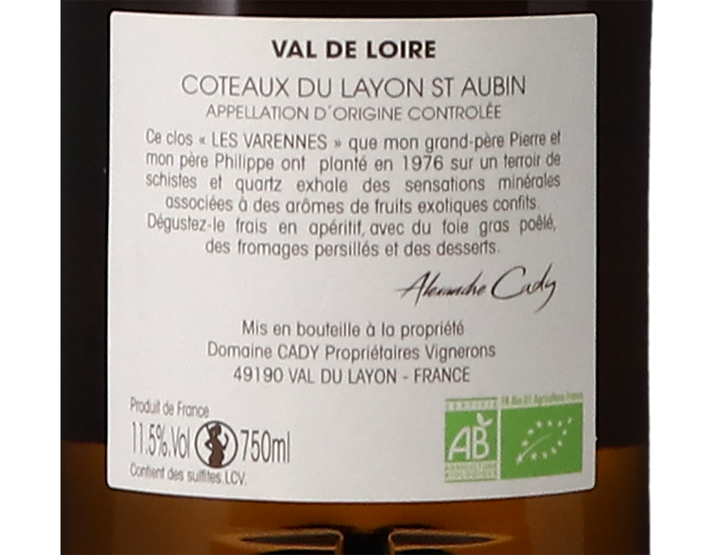 Coteaux du Layon Saint Aubin Les Varennes Domaine Cady 2022 ORGANIC