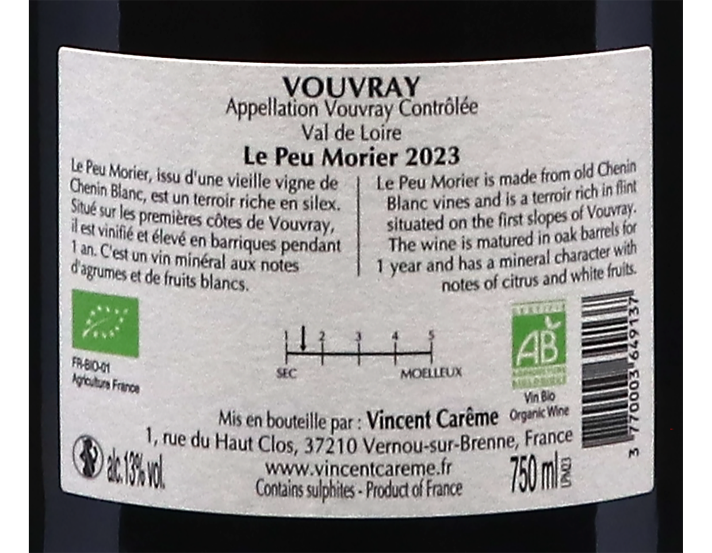 Vouvray Le Peu Morier Domaine Vincent Careme 2023