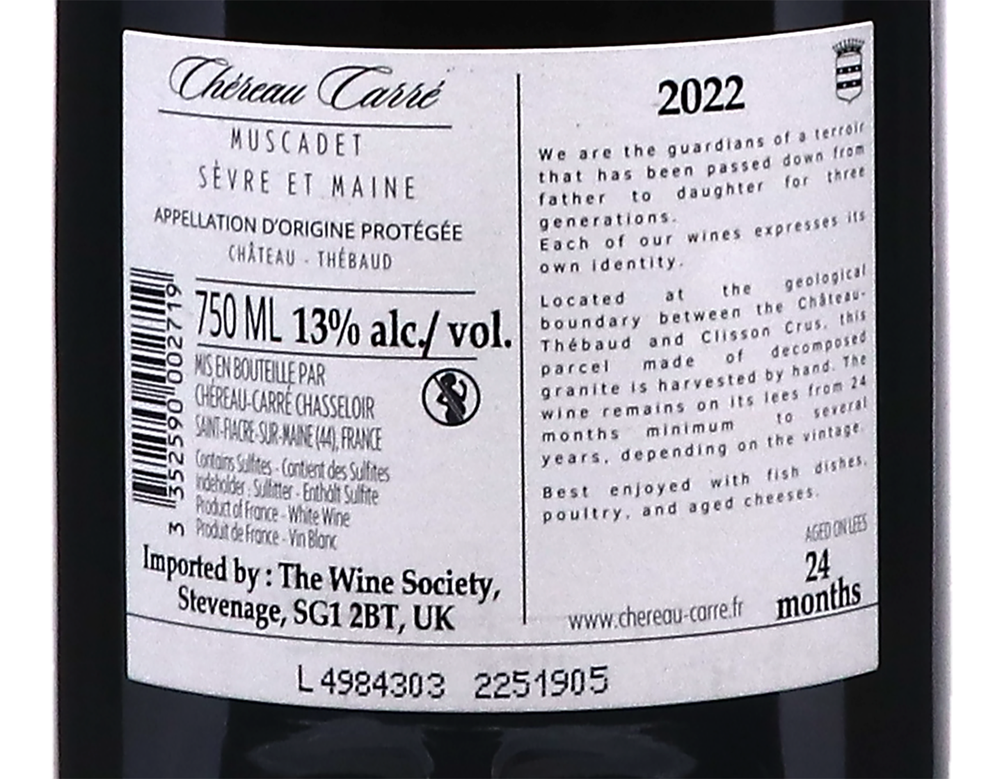 Muscadet Sevre et Maine Chateau Thebaud L Oree Chereau 2022