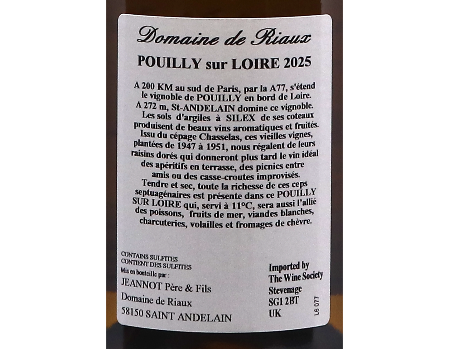 Pouilly sur Loire Vieilles Vignes Domaine de Riaux 2025